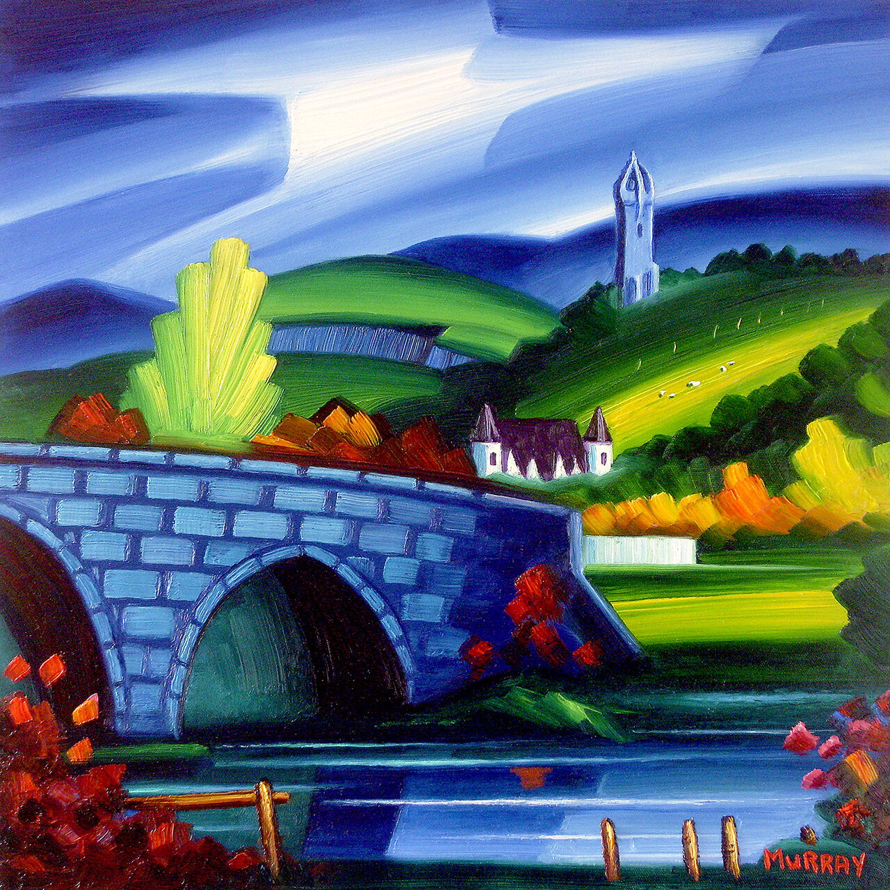 A vibrant painting depicting a stone bridge over a river with a church and trees in a hilly landscape under a blue sky with clouds. By Raymond Murray